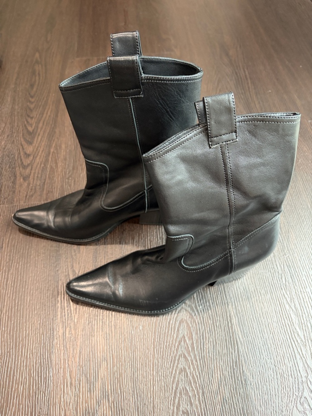 STAUD Black Leather Pointed-Toe Mid-Calf Women's Boots - Picture 2 of 6